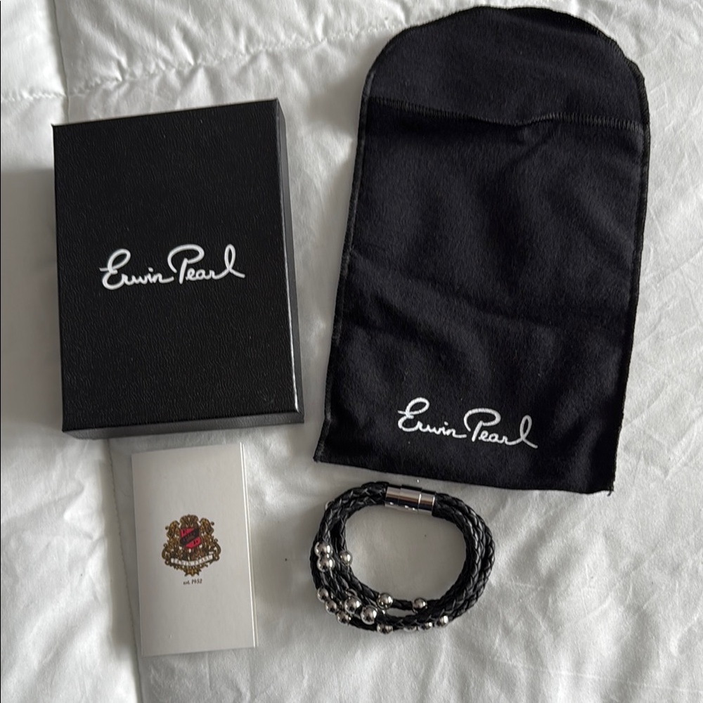 Erwin Pearl Women’s Black Braided Leather and Silver Bracelet
